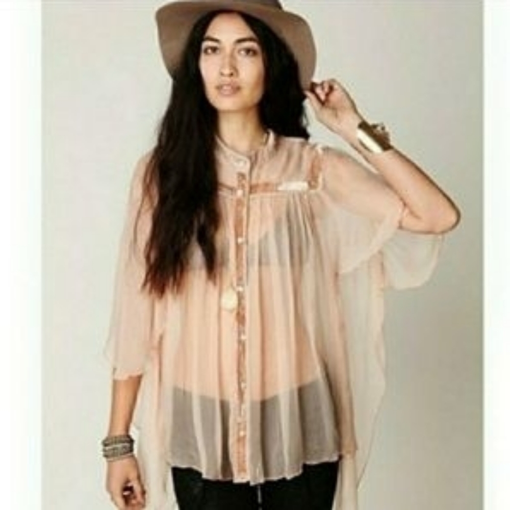 Free People New Romantics Sheer Velvet Trim Top